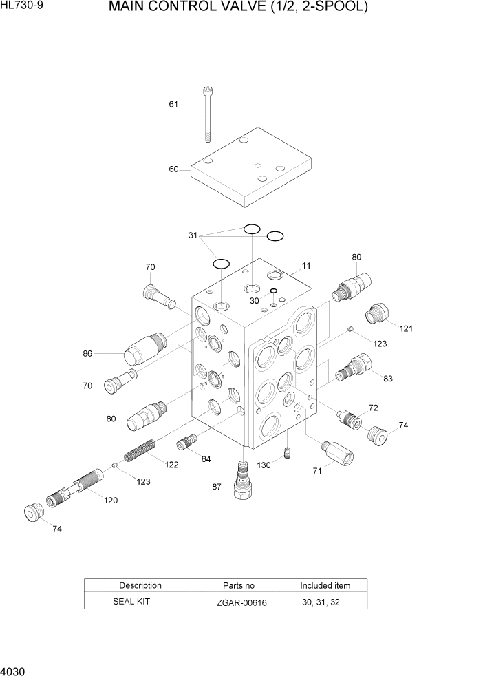 Схема запчастей Hyundai HL730-9 - PAGE 4030 MAIN CONTROL VALVE(1/2, 2-SPOOL) ГИДРАВЛИЧЕСКИЕ КОМПОНЕНТЫ