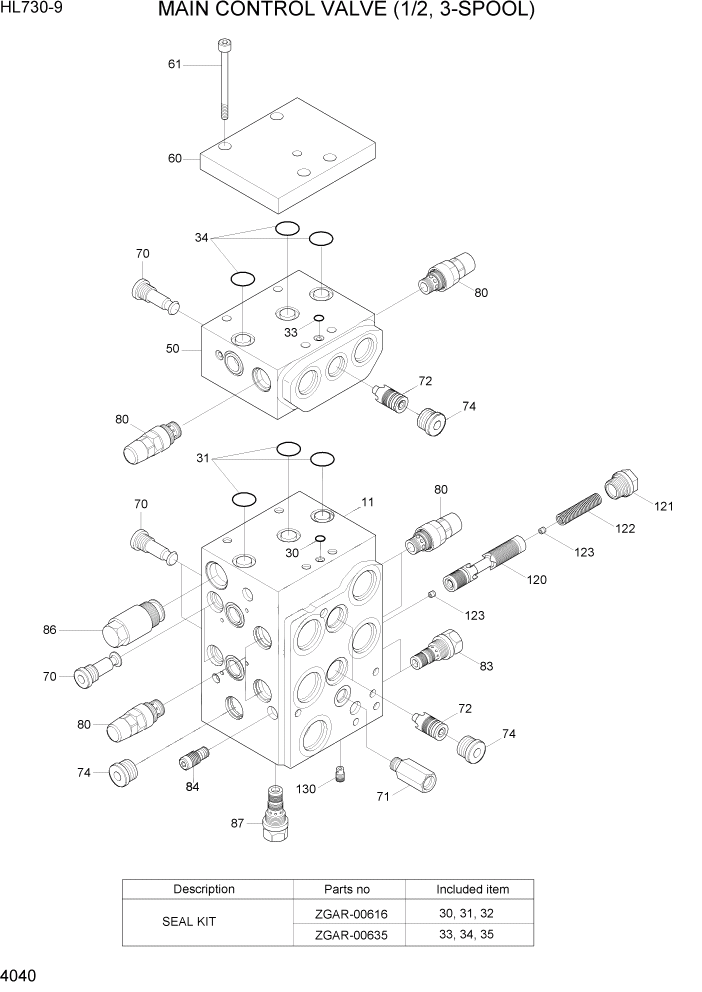 Схема запчастей Hyundai HL730-9 - PAGE 4040 MAIN CONTROL VALVE(1/2, 3-SPOOL) ГИДРАВЛИЧЕСКИЕ КОМПОНЕНТЫ