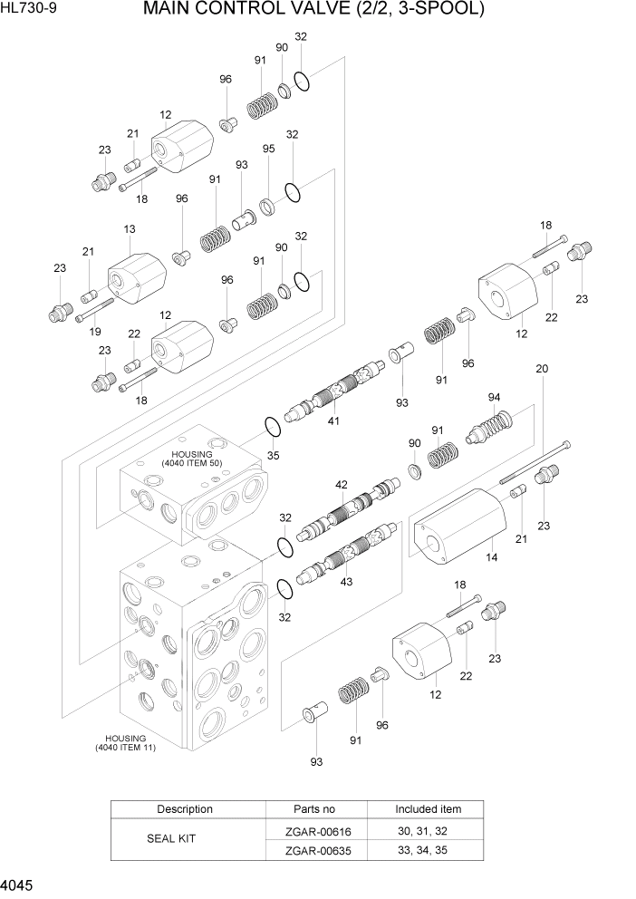 Схема запчастей Hyundai HL730-9 - PAGE 4045 MAIN CONTROL VALVE(2/2, 3-SPOOL) ГИДРАВЛИЧЕСКИЕ КОМПОНЕНТЫ