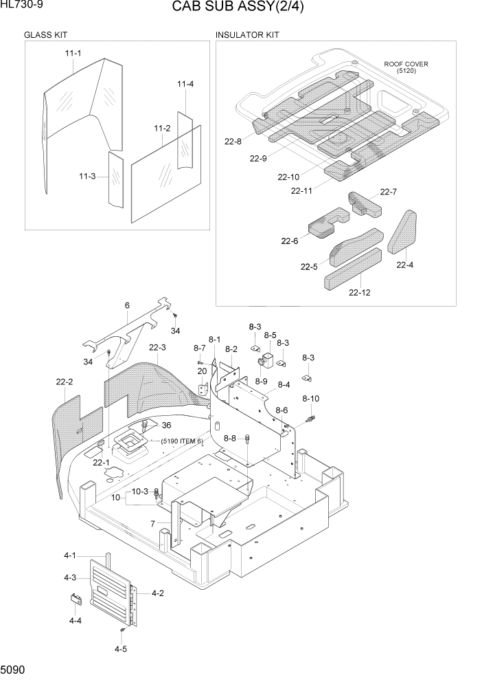 Схема запчастей Hyundai HL730-9 - PAGE 5090 CAB SUB ASSY(2/4) СТРУКТУРА