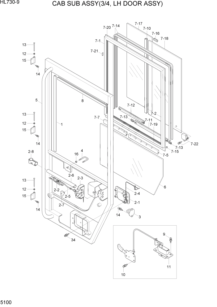 Схема запчастей Hyundai HL730-9 - PAGE 5100 CAB SUB ASSY(3/4, LH DOOR ASSY) СТРУКТУРА