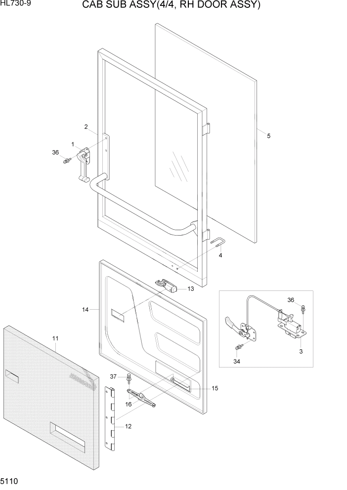 Схема запчастей Hyundai HL730-9 - PAGE 5110 CAB SUB ASSY(4/4, RH DOOR ASSY) СТРУКТУРА