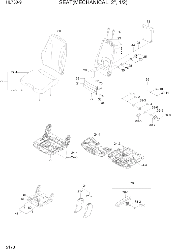 Схема запчастей Hyundai HL730-9 - PAGE 5170 SEAT(MECHANICAL, 2", 1/2) СТРУКТУРА