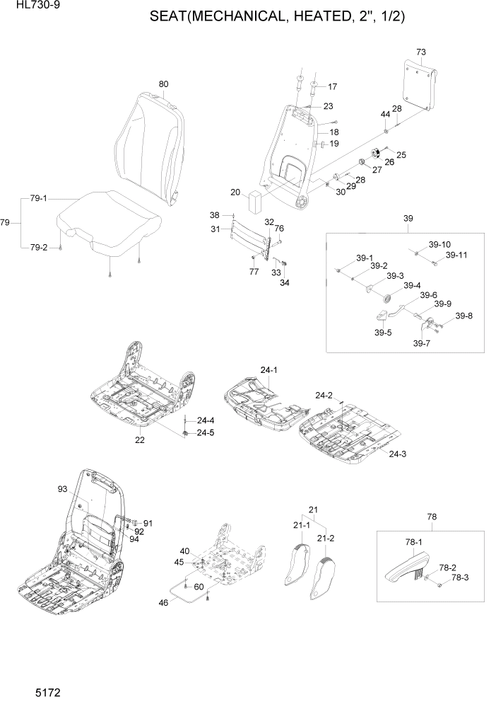 Схема запчастей Hyundai HL730-9 - PAGE 5172 SEAT(MECHANICAL, HEATED, 2", 1/2) СТРУКТУРА