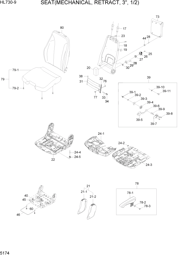 Схема запчастей Hyundai HL730-9 - PAGE 5174 SEAT(MECHANICAL, RETRACT, 3", 1/2) СТРУКТУРА