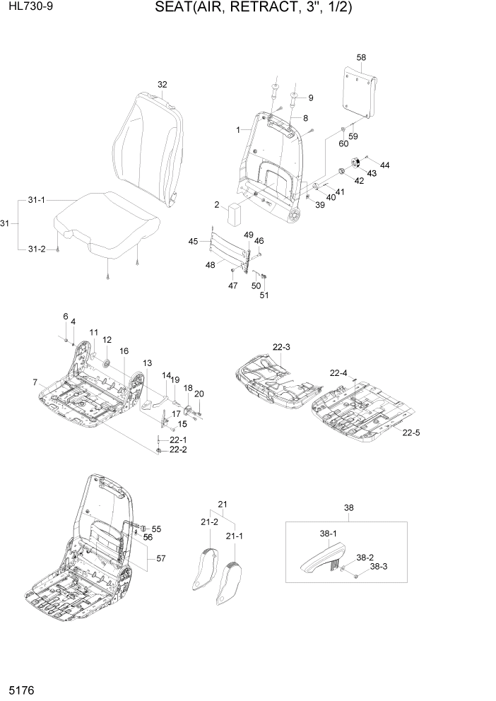 Схема запчастей Hyundai HL730-9 - PAGE 5176 SEAT(AIR, RETRACT 3", 1/2) СТРУКТУРА