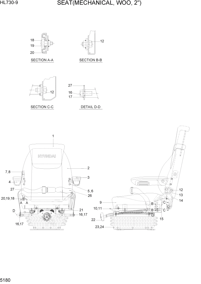 Схема запчастей Hyundai HL730-9 - PAGE 5180 SEAT(MECHANICAL, WOO, 2") СТРУКТУРА