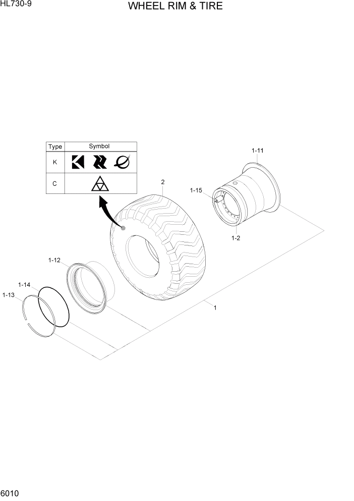Схема запчастей Hyundai HL730-9 - PAGE 6010 WHEEL RIM & TIRE СИЛОВАЯ СИСТЕМА