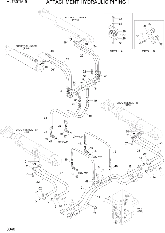 Схема запчастей Hyundai HL730TM-9 - PAGE 3040 ATTACHMENT HYDRAULIC PIPING 1 ГИДРАВЛИЧЕСКАЯ СИСТЕМА