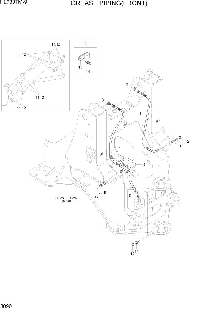Схема запчастей Hyundai HL730TM-9 - PAGE 3090 GREASE PIPING(FRONT) ГИДРАВЛИЧЕСКАЯ СИСТЕМА