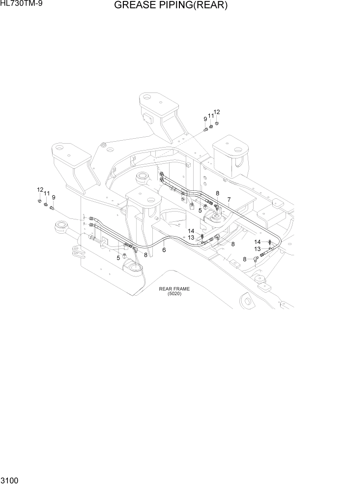 Схема запчастей Hyundai HL730TM-9 - PAGE 3100 GREASE PIPING(REAR) ГИДРАВЛИЧЕСКАЯ СИСТЕМА