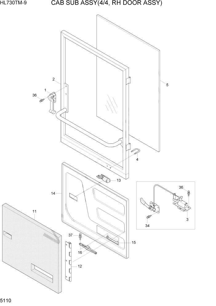 Схема запчастей Hyundai HL730TM-9 - PAGE 5110 CAB SUB ASSY(4/4, RH DOOR ASSY) СТРУКТУРА