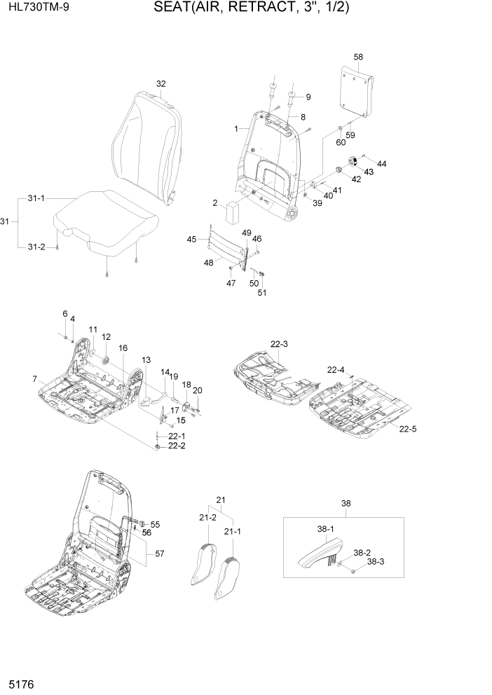 Схема запчастей Hyundai HL730TM-9 - PAGE 5176 SEAT(AIR, RETRACT 3", 1/2) СТРУКТУРА