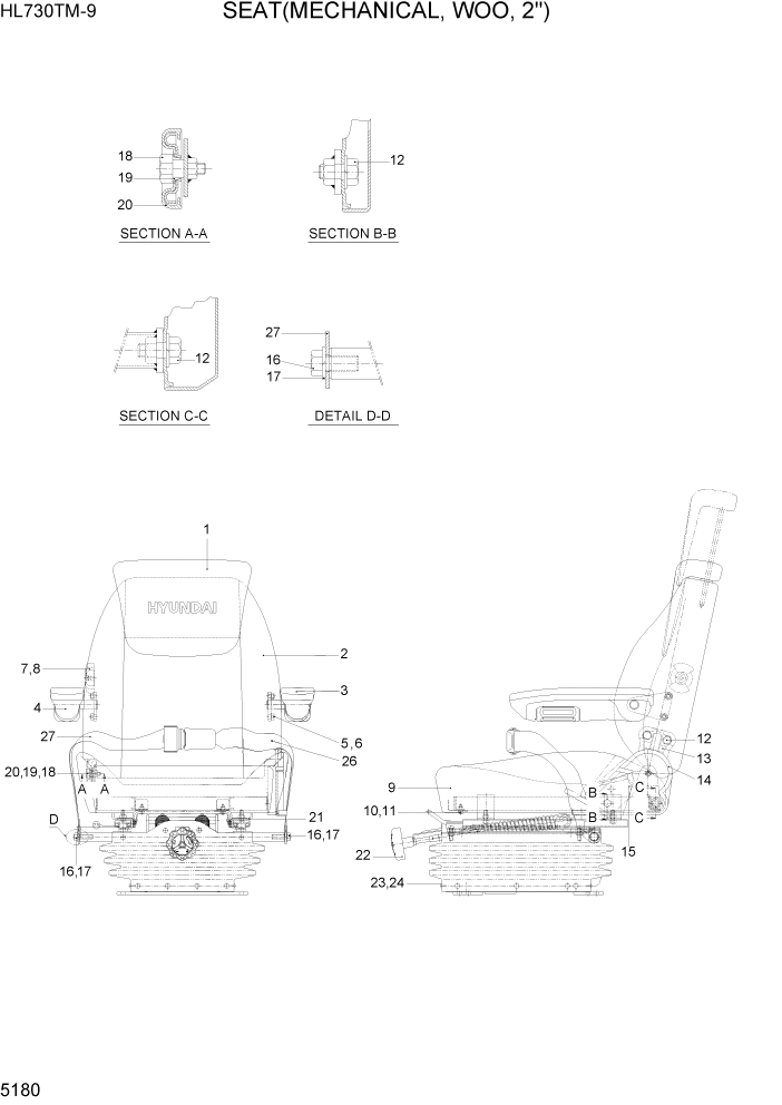 Схема запчастей Hyundai HL730TM-9 - PAGE 5180 SEAT(MECHANICAL, WOO, 2") СТРУКТУРА