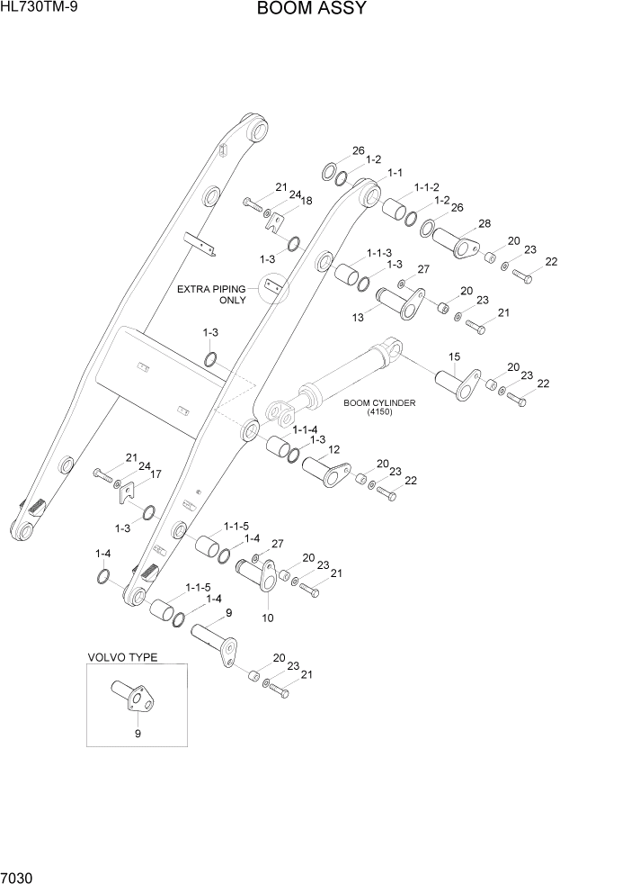 Схема запчастей Hyundai HL730TM-9 - PAGE 7030 BOOM ASSY РАБОЧЕЕ ОБОРУДОВАНИЕ