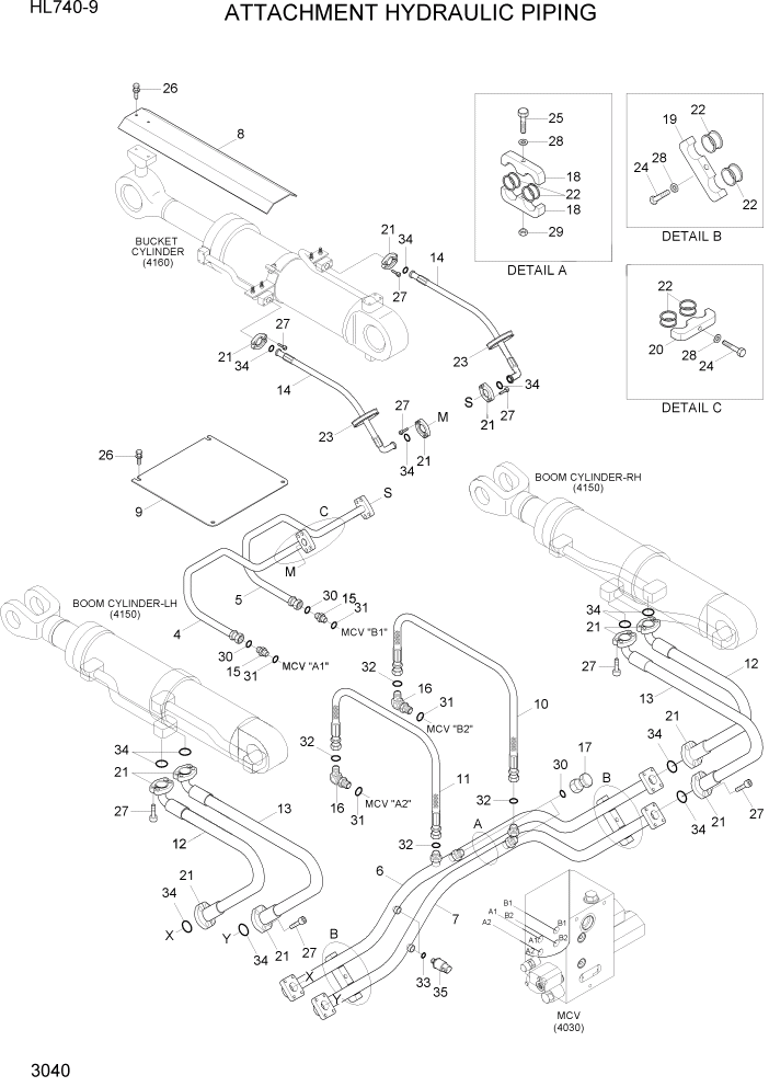 Схема запчастей Hyundai HL740-9 - PAGE 3040 ATTACHMENT HYDRAULIC PIPING ГИДРАВЛИЧЕСКАЯ СИСТЕМА