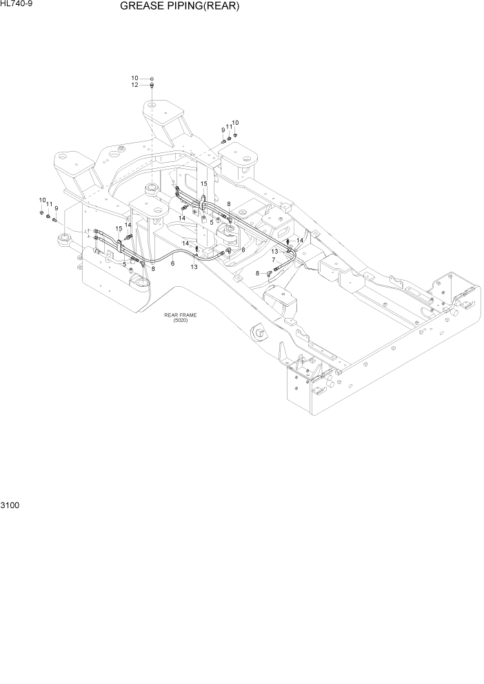 Схема запчастей Hyundai HL740-9 - PAGE 3100 GREASE PIPING(REAR) ГИДРАВЛИЧЕСКАЯ СИСТЕМА