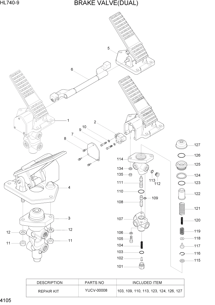 Схема запчастей Hyundai HL740-9 - PAGE 4105 BRAKE VALVE(DUAL) ГИДРАВЛИЧЕСКИЕ КОМПОНЕНТЫ
