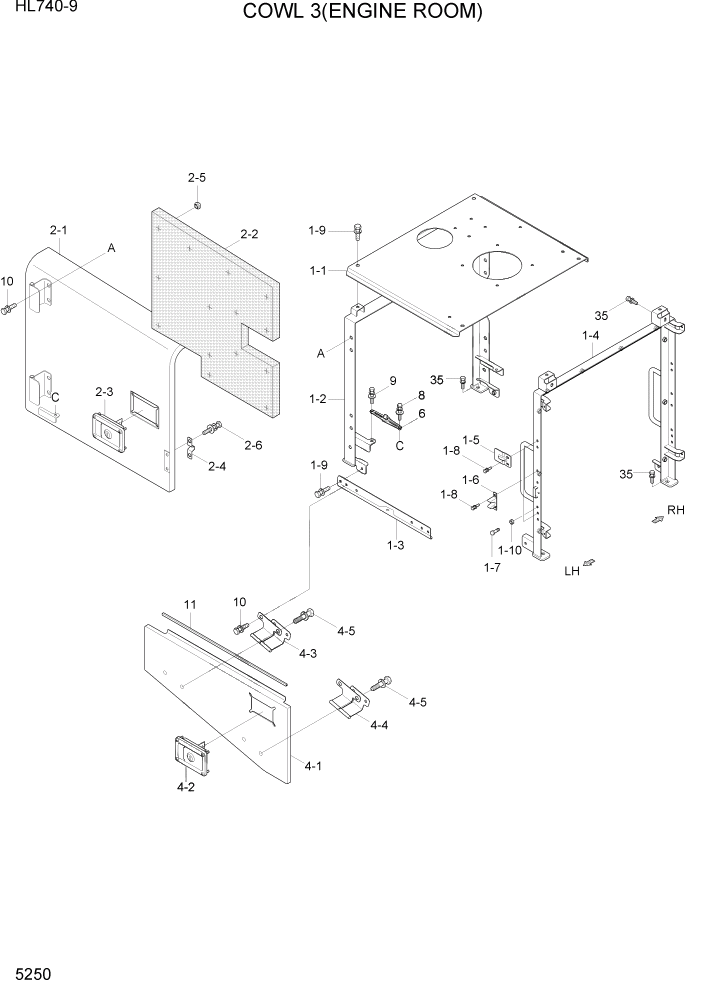 Схема запчастей Hyundai HL740-9 - PAGE 5250 COWL 3(ENGINE ROOM) СТРУКТУРА