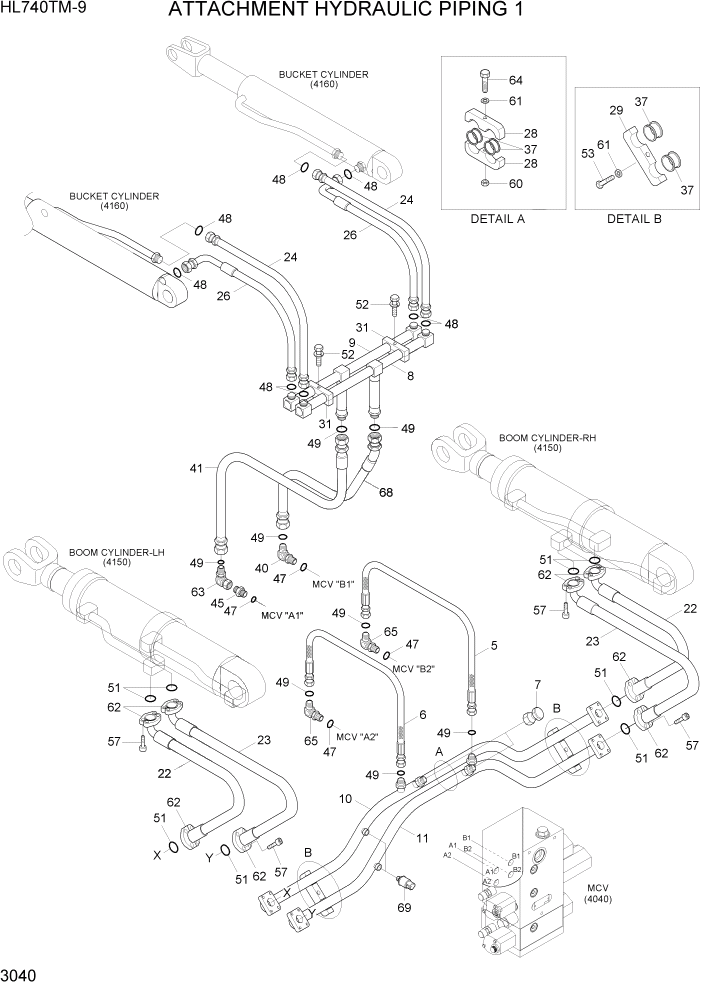 Схема запчастей Hyundai HL740TM-9 - PAGE 3040 ATTACHMENT HYDRAULIC PIPING 1 ГИДРАВЛИЧЕСКАЯ СИСТЕМА