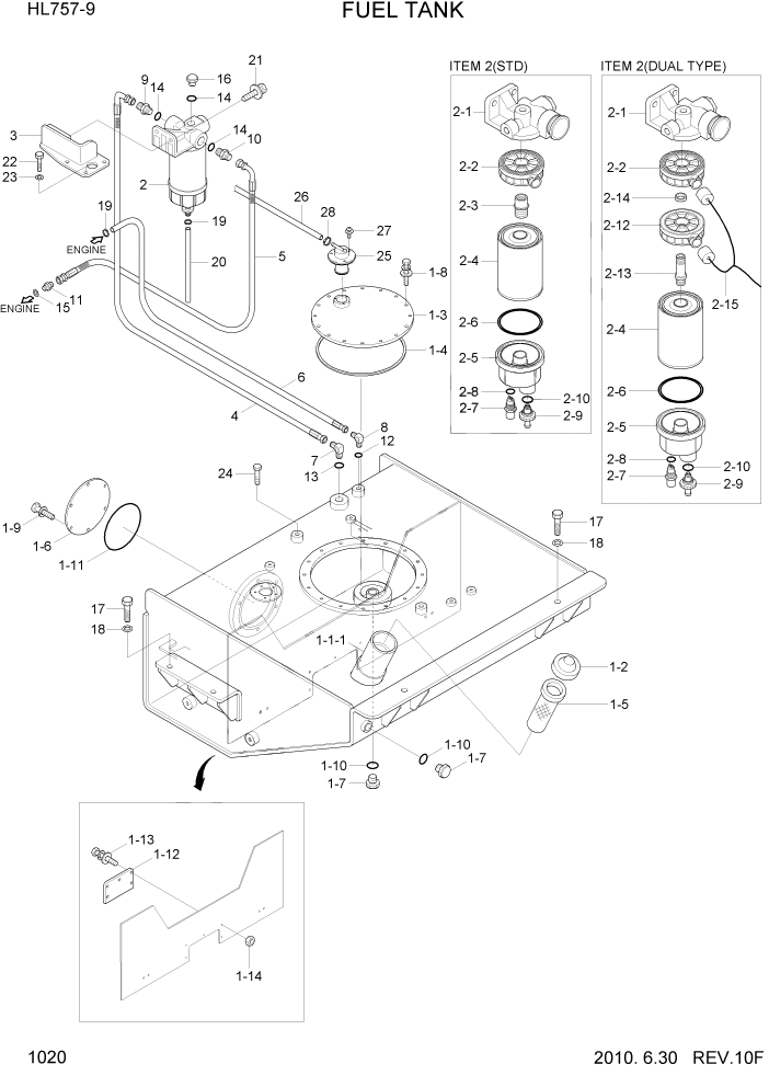 Схема запчастей Hyundai HL757-9 - PAGE 1020 FUEL TANK СИСТЕМА ДВИГАТЕЛЯ