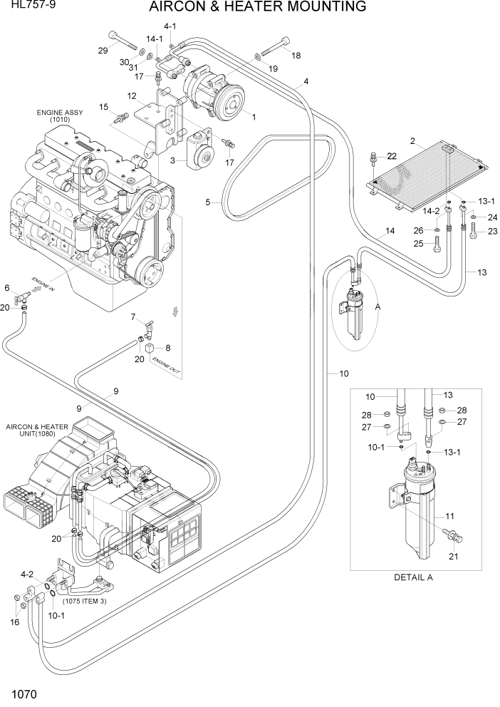 Схема запчастей Hyundai HL757-9 - PAGE 1070 AIRCON & HEATER MOUNTING СИСТЕМА ДВИГАТЕЛЯ