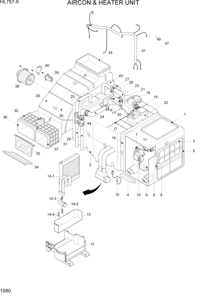 Схема запчастей Hyundai HL757-9 - PAGE 1080 AIRCON & HEATER UNIT СИСТЕМА ДВИГАТЕЛЯ