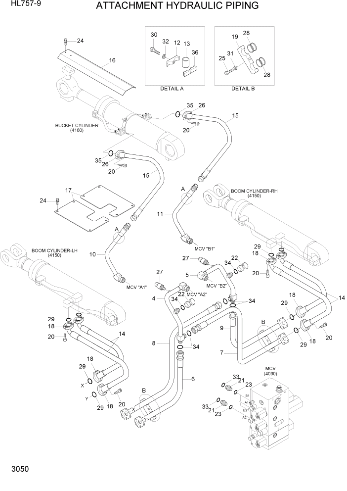 Схема запчастей Hyundai HL757-9 - PAGE 3050 ATTACHMENT HYDRAULIC PIPING ГИДРАВЛИЧЕСКАЯ СИСТЕМА