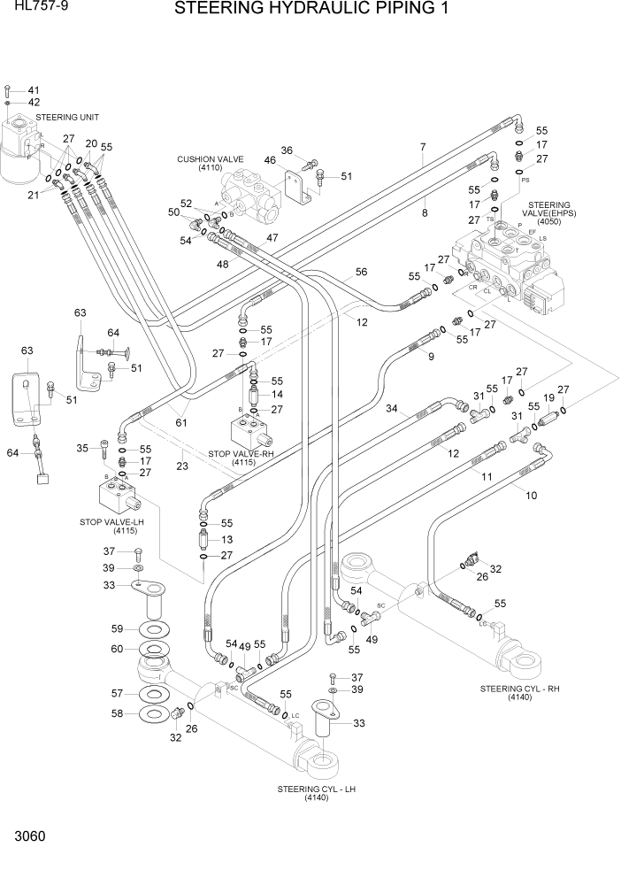 Схема запчастей Hyundai HL757-9 - PAGE 3060 STEERING HYDRAULIC PIPING 1 ГИДРАВЛИЧЕСКАЯ СИСТЕМА