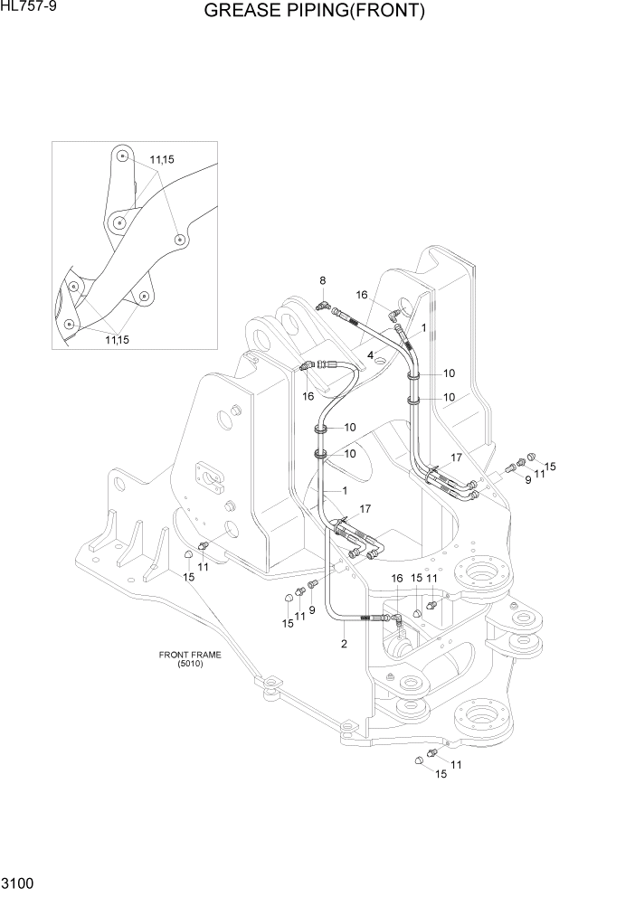 Схема запчастей Hyundai HL757-9 - PAGE 3100 GREASE PIPING(FRONT) ГИДРАВЛИЧЕСКАЯ СИСТЕМА