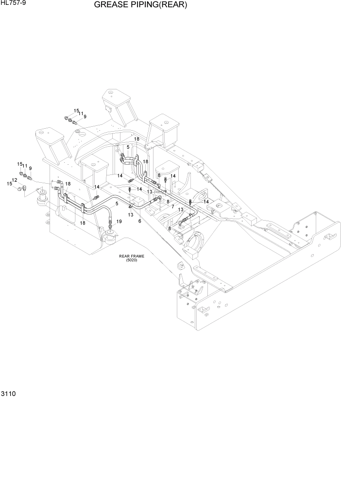 Схема запчастей Hyundai HL757-9 - PAGE 3110 GREASE PIPING(REAR) ГИДРАВЛИЧЕСКАЯ СИСТЕМА