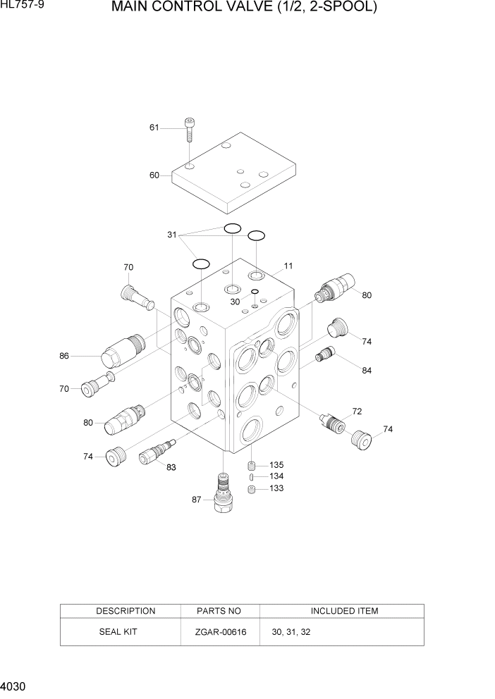 Схема запчастей Hyundai HL757-9 - PAGE 4030 MAIN CONTROL VALVE (1/2, 2-SPOOL) ГИДРАВЛИЧЕСКИЕ КОМПОНЕНТЫ