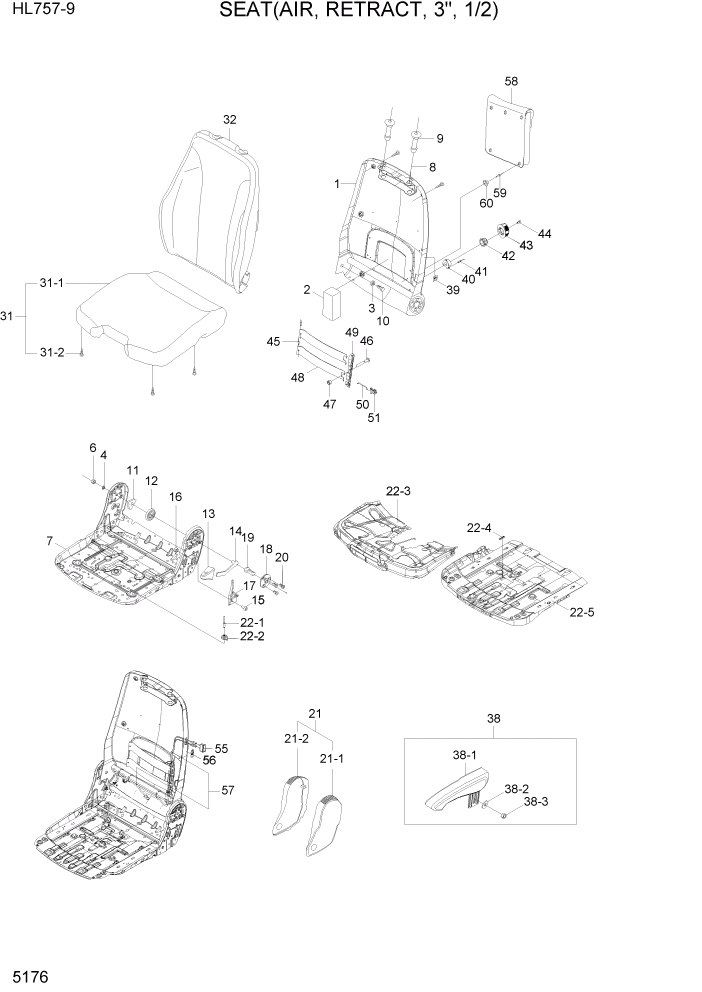 Схема запчастей Hyundai HL757-9 - PAGE 5176 SEAT(AIR, RETRACT 3", 1/2) СТРУКТУРА