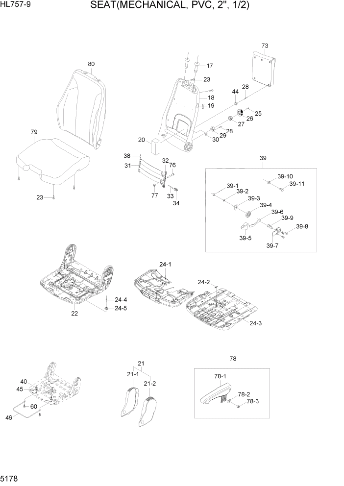 Схема запчастей Hyundai HL757-9 - PAGE 5178 SEAT(MECHANICAL, PVC, 2", 1/2) СТРУКТУРА