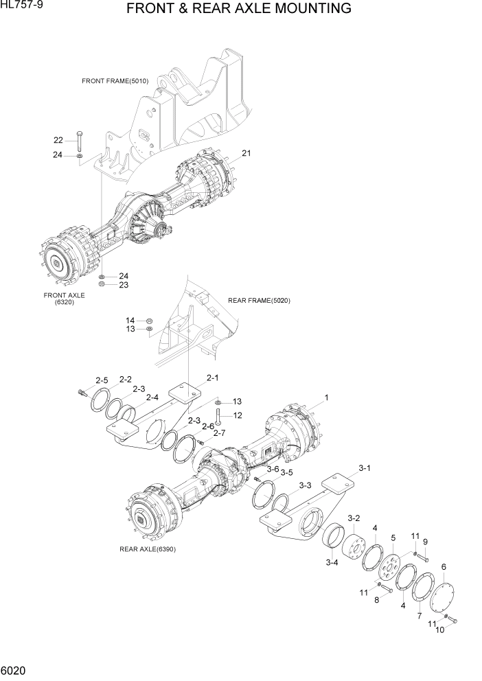 Схема запчастей Hyundai HL757-9 - PAGE 6020 FRONT & REAR AXLE MOUNTING СИЛОВАЯ СИСТЕМА