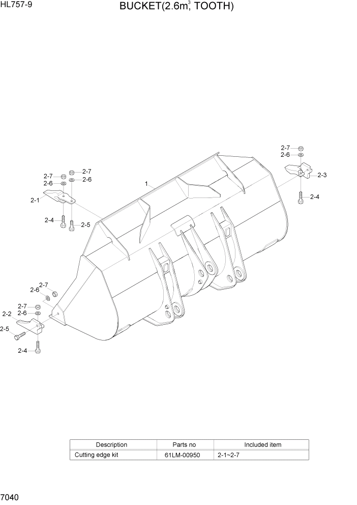 Схема запчастей Hyundai HL757-9 - PAGE 7040 BUCKET(2.6M3, TOOTH) РАБОЧЕЕ ОБОРУДОВАНИЕ