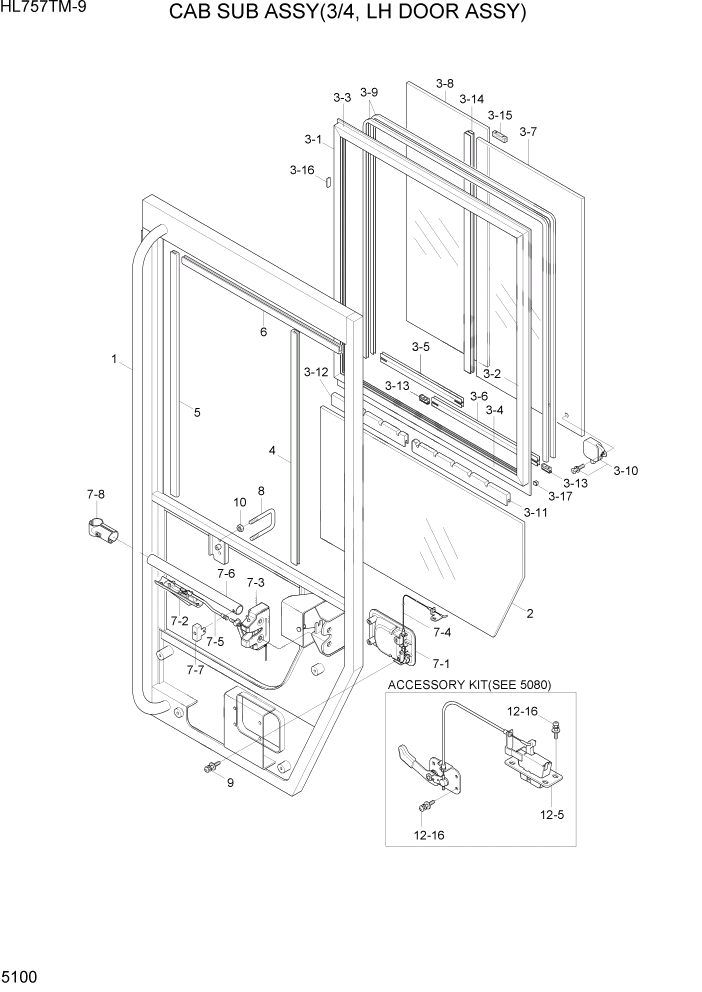 Схема запчастей Hyundai HL757TM-9 - PAGE 5100 CAB SUB ASSY(3/4, LH DOOR ASSY) СТРУКТУРА