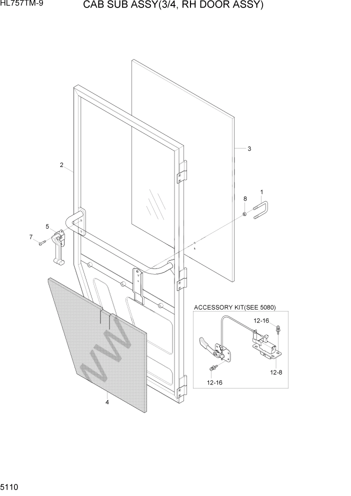 Схема запчастей Hyundai HL757TM-9 - PAGE 5110 CAB SUB ASSY(4/4, RH DOOR ASSY) СТРУКТУРА