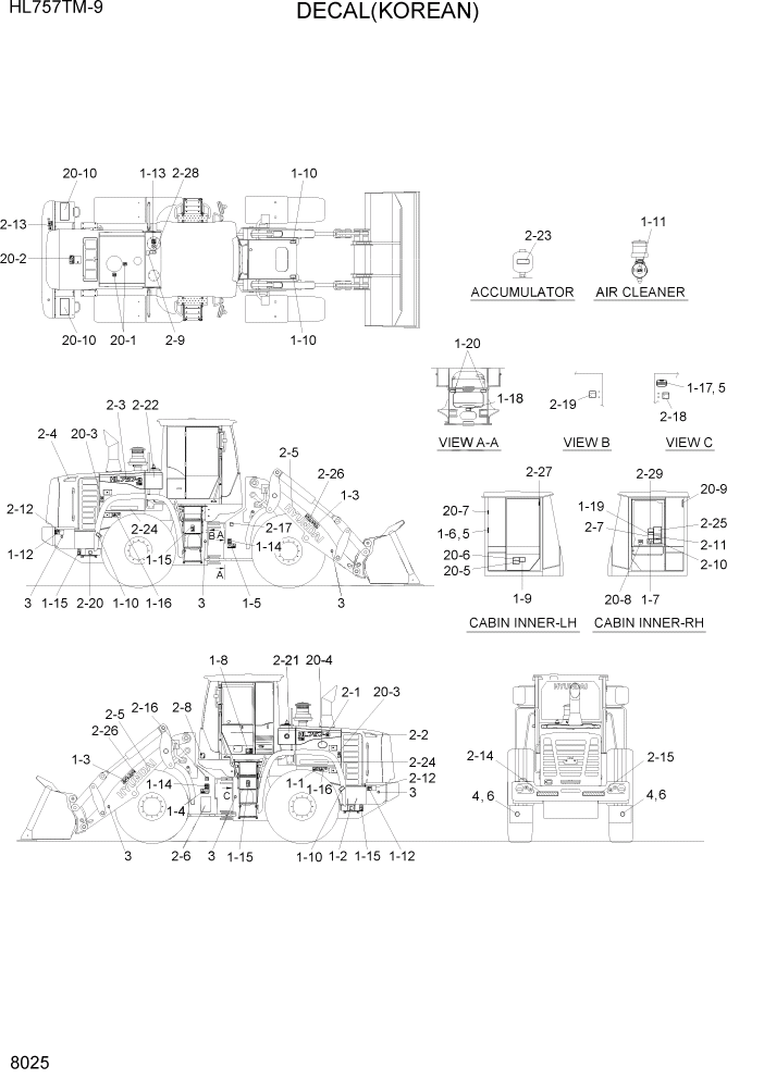 Схема запчастей Hyundai HL757TM-9 - PAGE 8025 DECALS(KOREAN) ДРУГИЕ ЧАСТИ