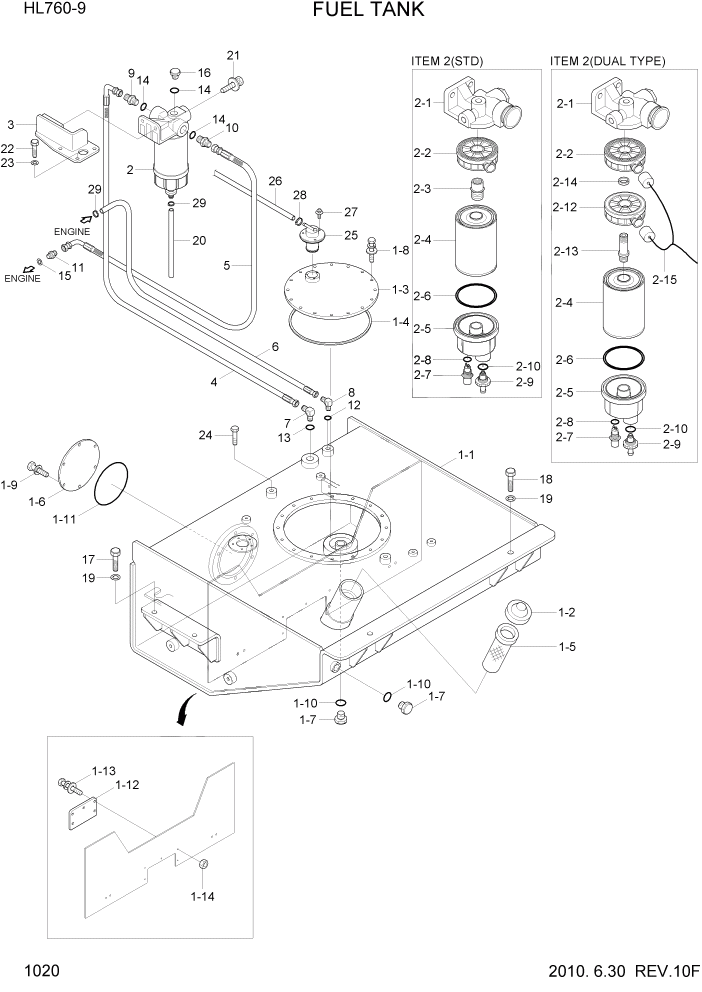 Схема запчастей Hyundai HL760-9 - PAGE 1020 FUEL TANK СИСТЕМА ДВИГАТЕЛЯ