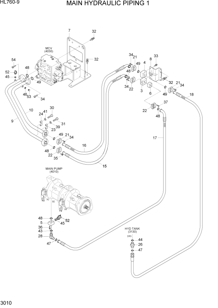 Схема запчастей Hyundai HL760-9 - PAGE 3010 MAIN HYDRAULIC PIPING 1 ГИДРАВЛИЧЕСКАЯ СИСТЕМА