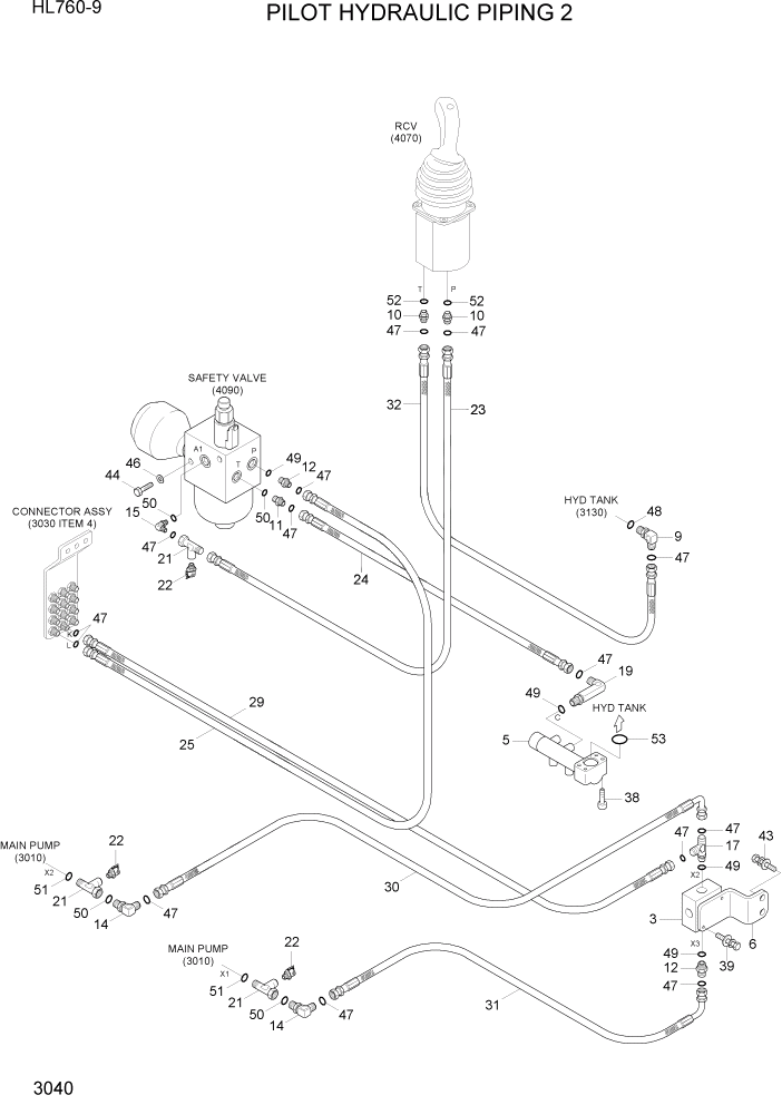 Схема запчастей Hyundai HL760-9 - PAGE 3040 PILOT HYDRAULIC PIPING 2 ГИДРАВЛИЧЕСКАЯ СИСТЕМА