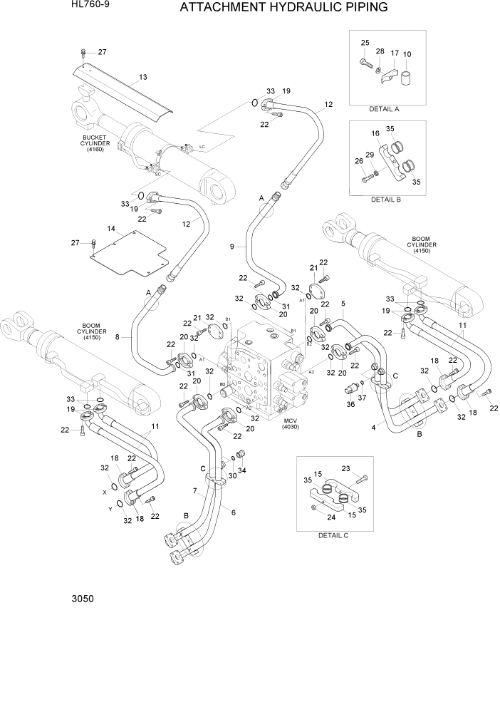 Схема запчастей Hyundai HL760-9 - PAGE 3050 ATTACHMENT HYDRAULIC PIPING ГИДРАВЛИЧЕСКАЯ СИСТЕМА