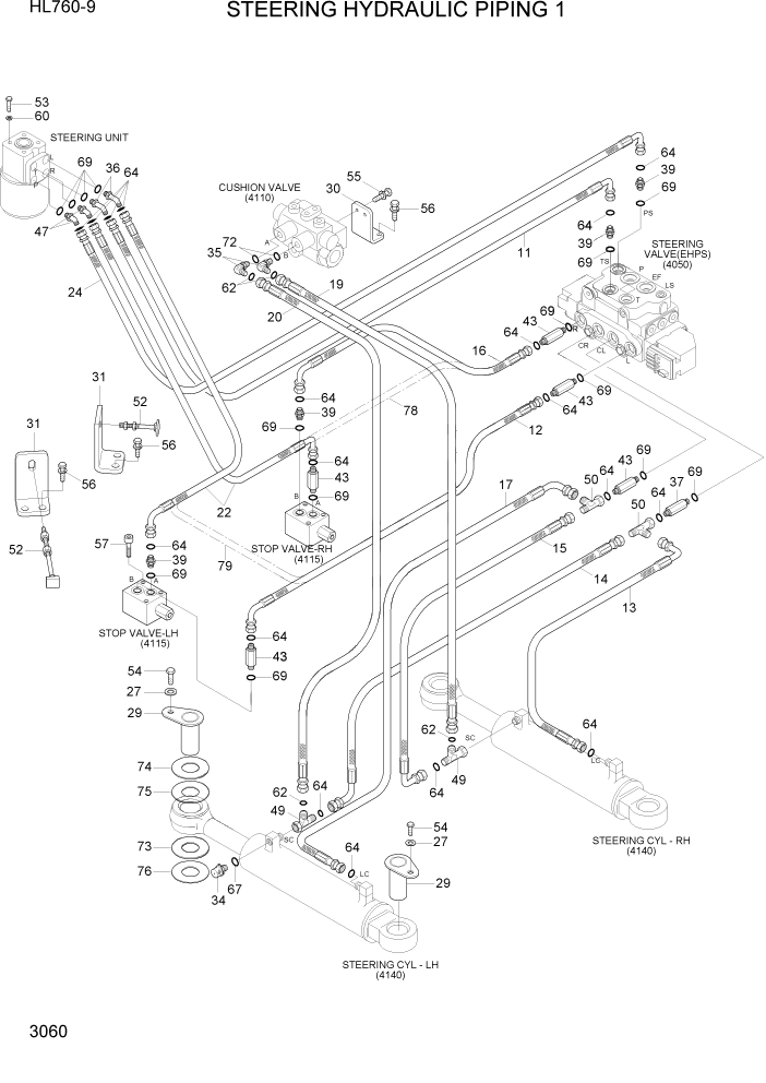 Схема запчастей Hyundai HL760-9 - PAGE 3060 STEERING HYDRAULIC PIPING 1 ГИДРАВЛИЧЕСКАЯ СИСТЕМА