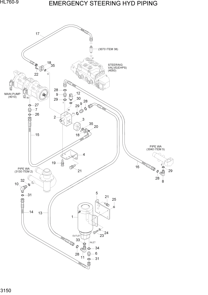 Схема запчастей Hyundai HL760-9 - PAGE 3150 EMERGENCY STEERING HYD PIPING ГИДРАВЛИЧЕСКАЯ СИСТЕМА