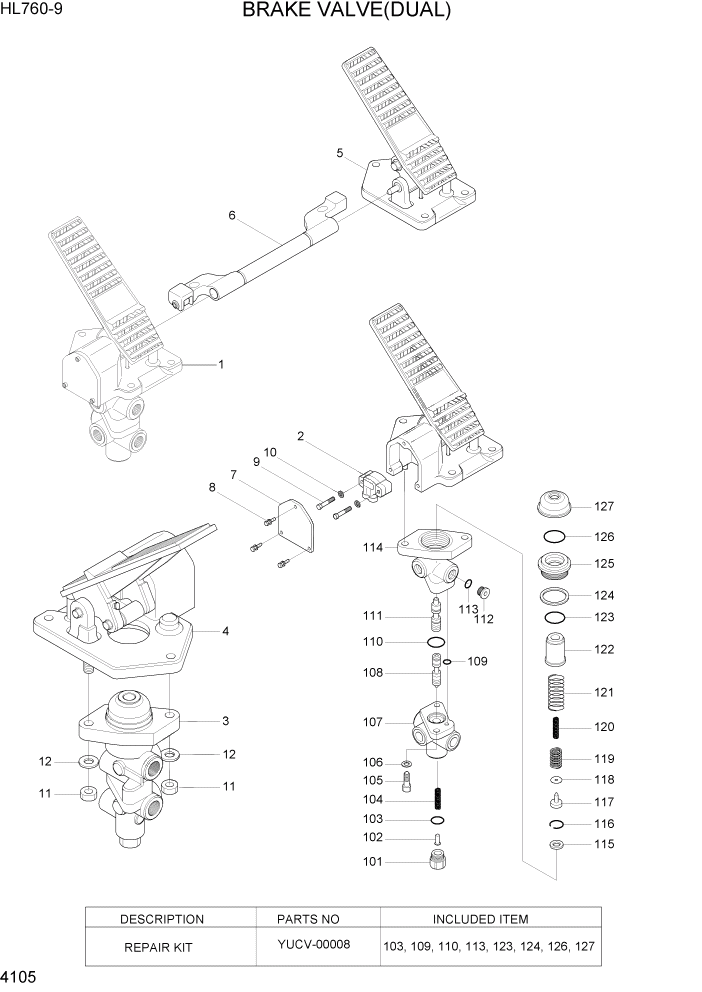 Схема запчастей Hyundai HL760-9 - PAGE 4105 BRAKE VALVE(DUAL) ГИДРАВЛИЧЕСКИЕ КОМПОНЕНТЫ