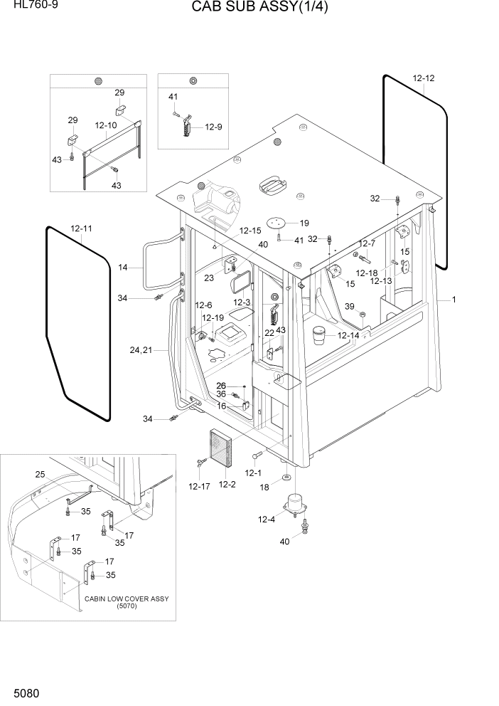 Схема запчастей Hyundai HL760-9 - PAGE 5080 CAB SUB ASSY(1/4) СТРУКТУРА