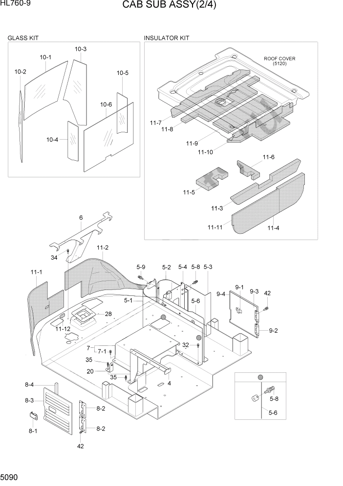 Схема запчастей Hyundai HL760-9 - PAGE 5090 CAB SUB ASSY(2/4) СТРУКТУРА