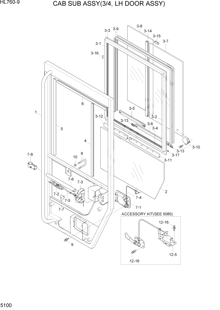 Схема запчастей Hyundai HL760-9 - PAGE 5100 CAB SUB ASSY(3/4, LH DOOR ASSY) СТРУКТУРА