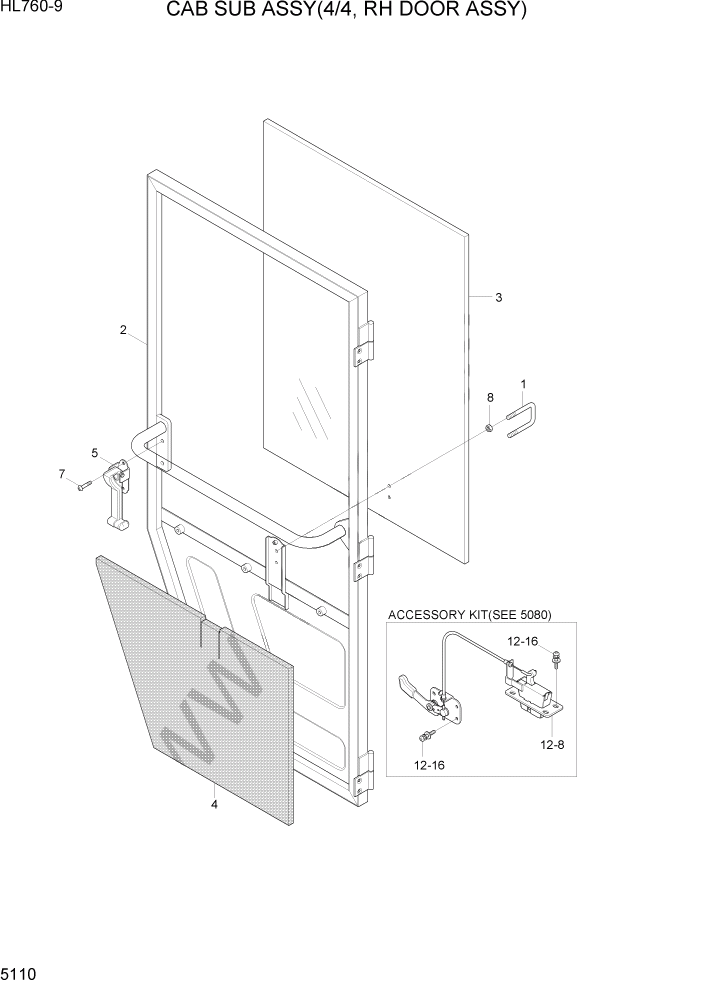 Схема запчастей Hyundai HL760-9 - PAGE 5110 CAB SUB ASSY(4/4, RH DOOR ASSY) СТРУКТУРА